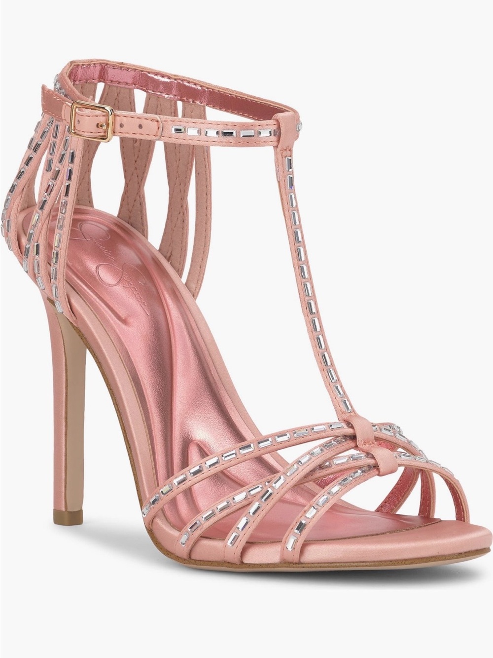 Jessica Simpson Rose Pink T-Strap Gem-Trim High Heel Sandals
